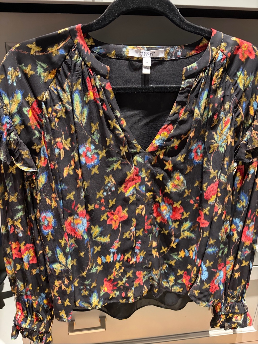 Derek Lam Black Floral V-Neck Long Sleeve Blouse